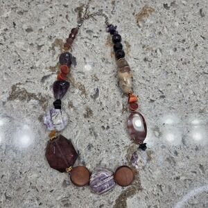 Vintage Bohemian Chunky Mixed Stone Wood Bead Necklace Purple Brown Asymmetric